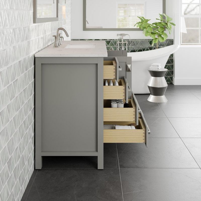 Beyaz Carrara Kuvars Tezgahlı Masif Ahşap 9 Çekmeceli Banyo Lavabo Dolabı - 107 cm - 200869