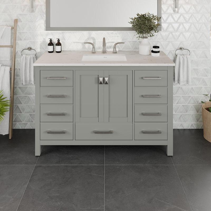Beyaz Carrara Kuvars Tezgahlı Masif Ahşap 9 Çekmeceli Banyo Lavabo Dolabı - 107 cm - 200869