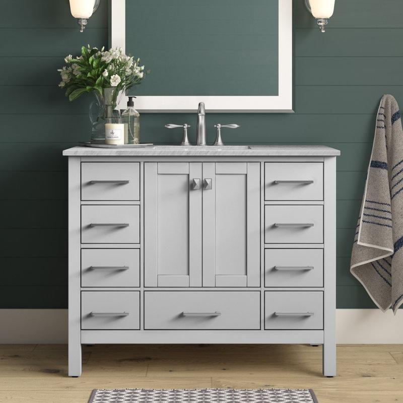 Beyaz Carrara Kuvars Tezgahlı Masif Ahşap 9 Çekmeceli Banyo Lavabo Dolabı - 107 cm - 200869