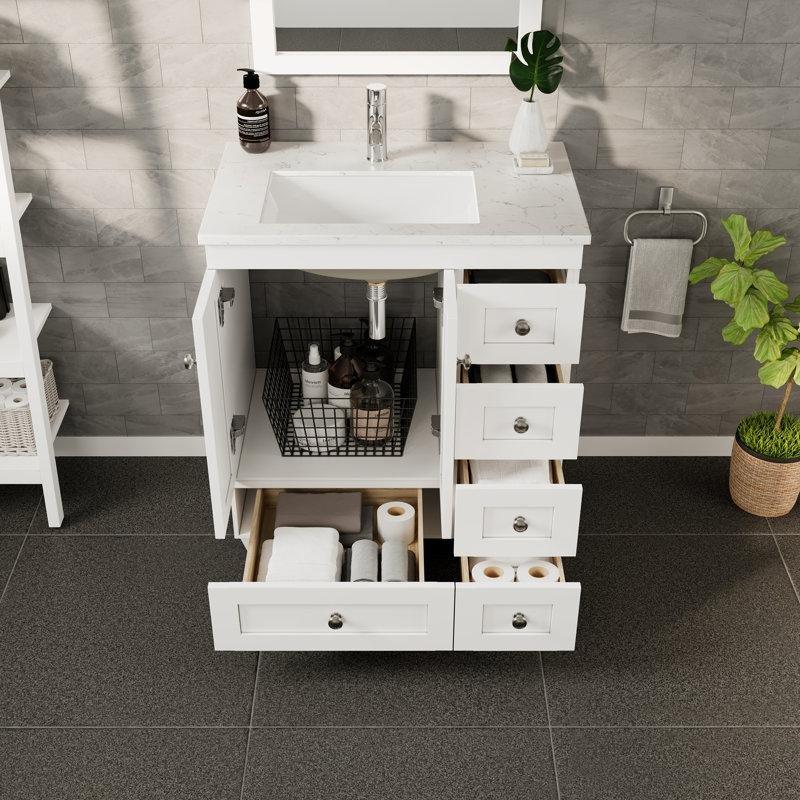 Beyaz Carrara Kuvars Tezgahlı Masif Huş ve Ahşap Yavaş Kapanır Çekmeceli Banyo Lavabo Dolabı - 72 cm - 201226