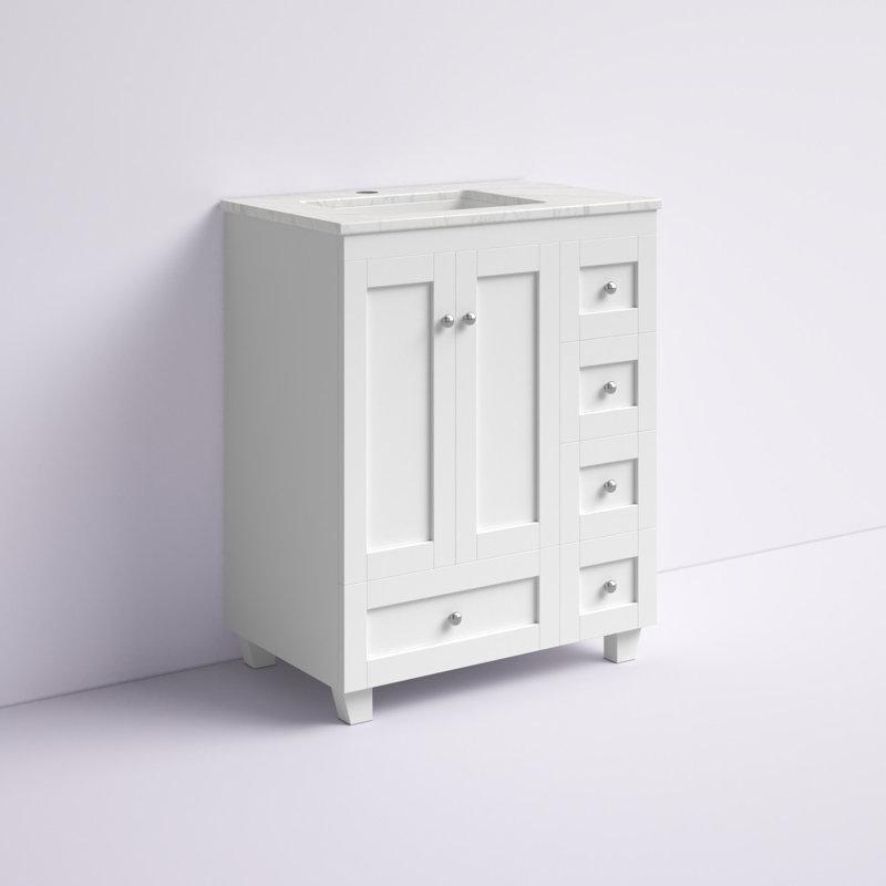 Beyaz Carrara Kuvars Tezgahlı Masif Huş ve Ahşap Yavaş Kapanır Çekmeceli Banyo Lavabo Dolabı - 72 cm - 201226
