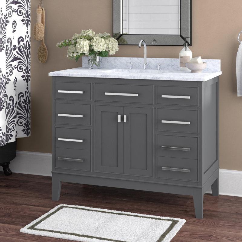 Beyaz Carrara Mermer Tezgahlı Ahşap 6 Çekmeceli Banyo Lavabo Dolabı - 107 cm - 202140
