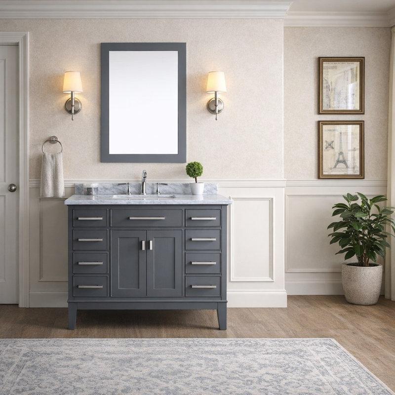 Beyaz Carrara Mermer Tezgahlı Ahşap 6 Çekmeceli Banyo Lavabo Dolabı - 107 cm - 202140