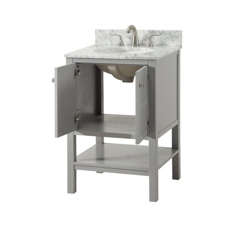 Beyaz Carrara Mermer Tezgahlı Ahşap Açık Raflı Banyo Lavabo Dolabı - 61 cm - 200140