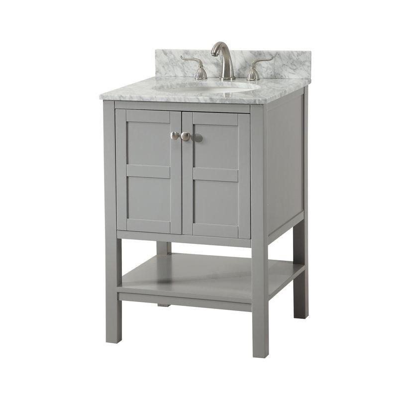 Beyaz Carrara Mermer Tezgahlı Ahşap Açık Raflı Banyo Lavabo Dolabı - 61 cm - 200140