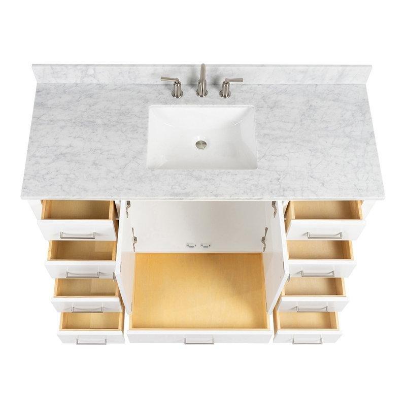 Beyaz Carrara Mermer Tezgahlı Masif Ahşap 9 Çekmeceli Yavaş Kapanır Banyo Lavabo Dolabı - 140 cm - 199002