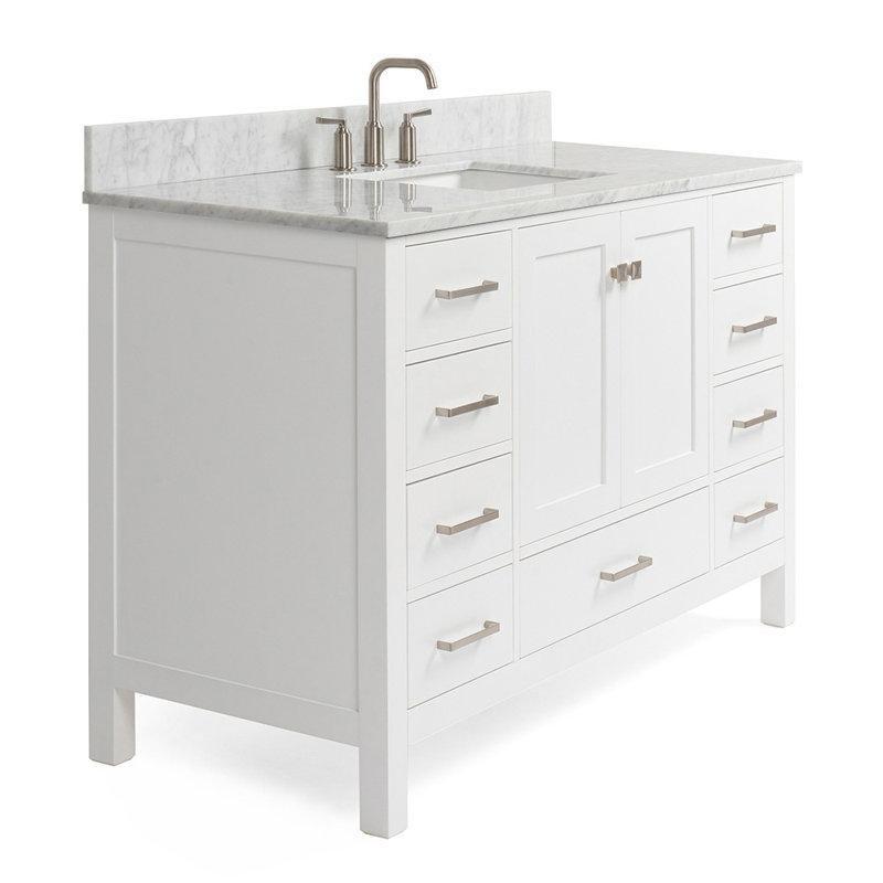 Beyaz Carrara Mermer Tezgahlı Masif Ahşap 9 Çekmeceli Yavaş Kapanır Banyo Lavabo Dolabı - 140 cm - 199002