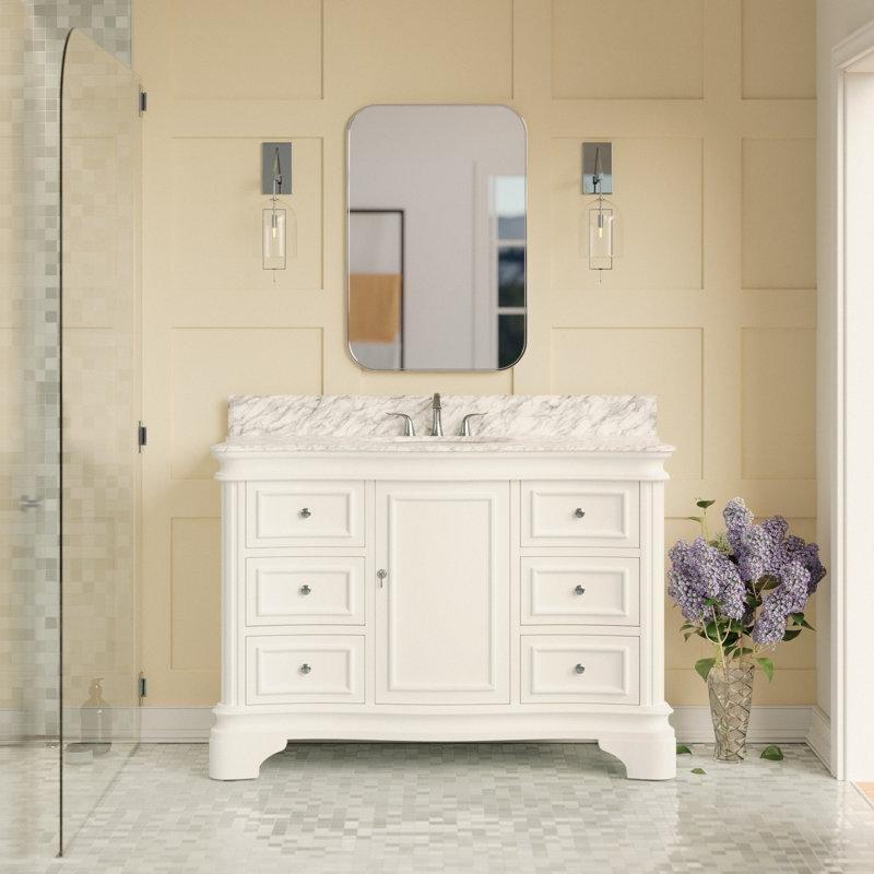 Beyaz Carrara Mermer Tezgahlı Masif Ahşap Ayaklı 6 Çekmeceli Banyo Lavabo Dolabı - 122 cm - 200818