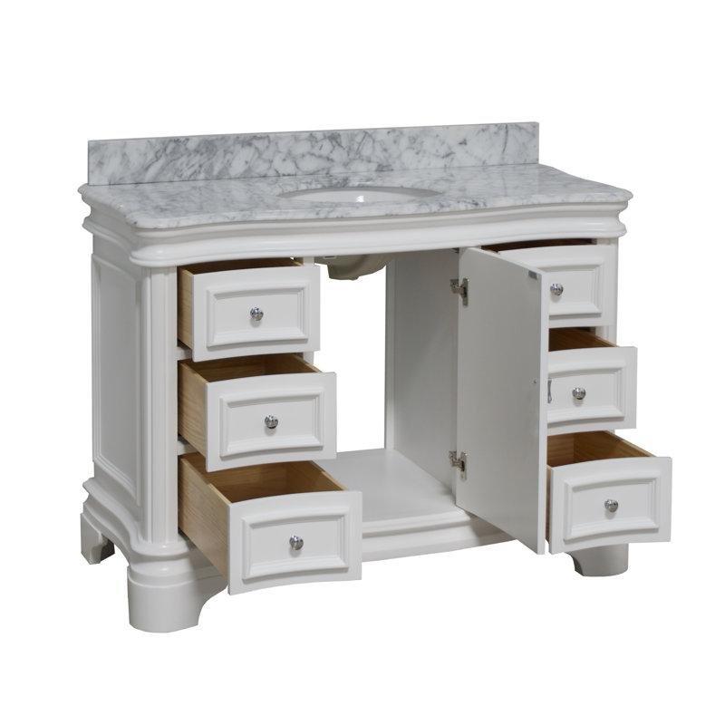 Beyaz Carrara Mermer Tezgahlı Masif Ahşap Ayaklı 6 Çekmeceli Banyo Lavabo Dolabı - 122 cm - 200818