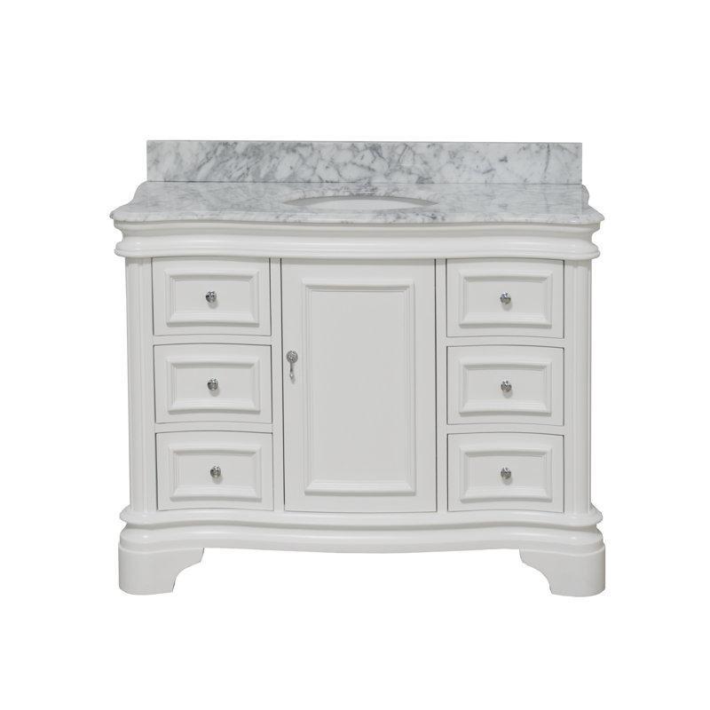 Beyaz Carrara Mermer Tezgahlı Masif Ahşap Ayaklı 6 Çekmeceli Banyo Lavabo Dolabı - 122 cm - 200818