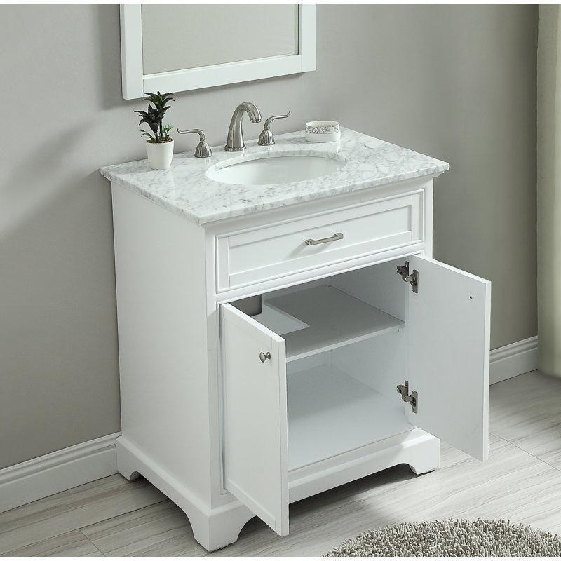 Beyaz Carrara Mermer Tezgahlı Masif Ahşap Ayaklı Banyo Lavabo Dolabı - 76 cm - 201723