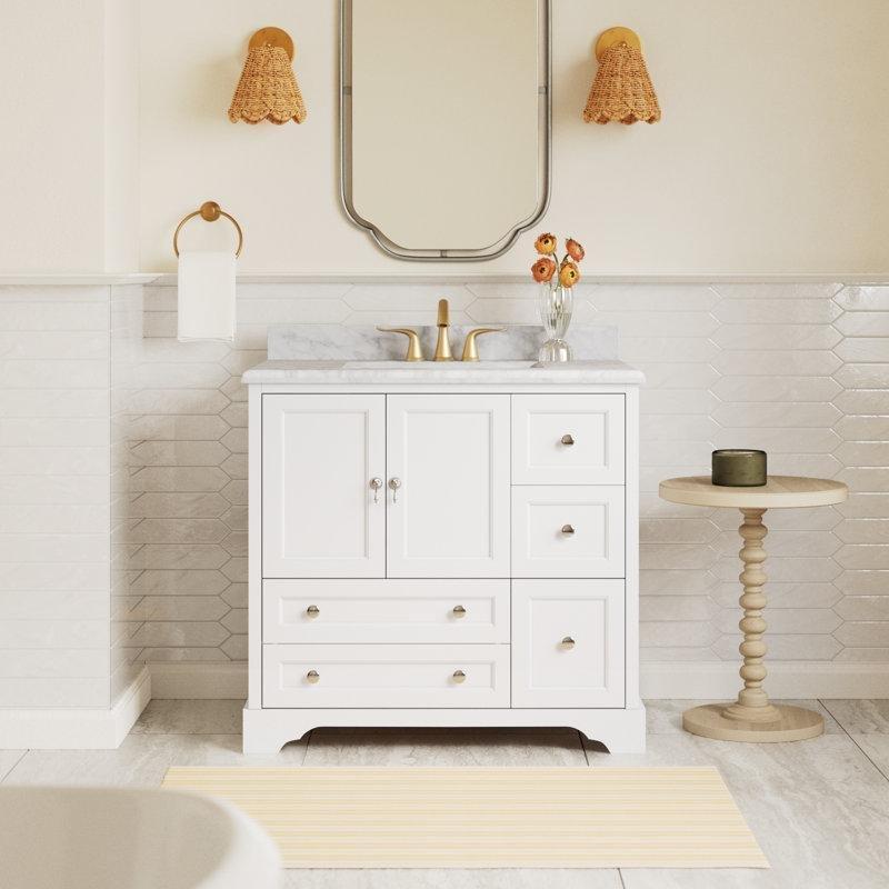 Beyaz Carrara Mermer Tezgahlı Masif Ahşap Çekmeceli Ayaklı Banyo Lavabo Dolabı - 91 cm - 200948