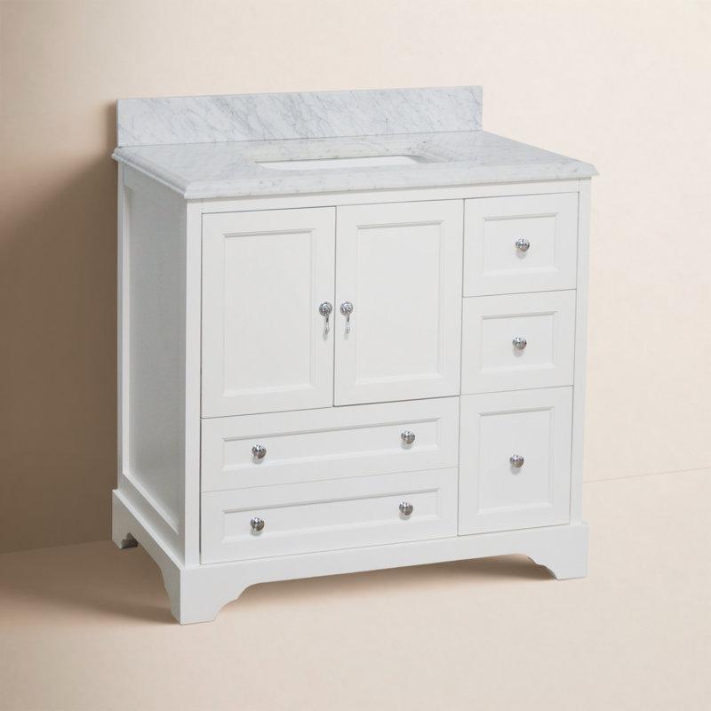 Beyaz Carrara Mermer Tezgahlı Masif Ahşap Çekmeceli Ayaklı Banyo Lavabo Dolabı - 91 cm - 200948
