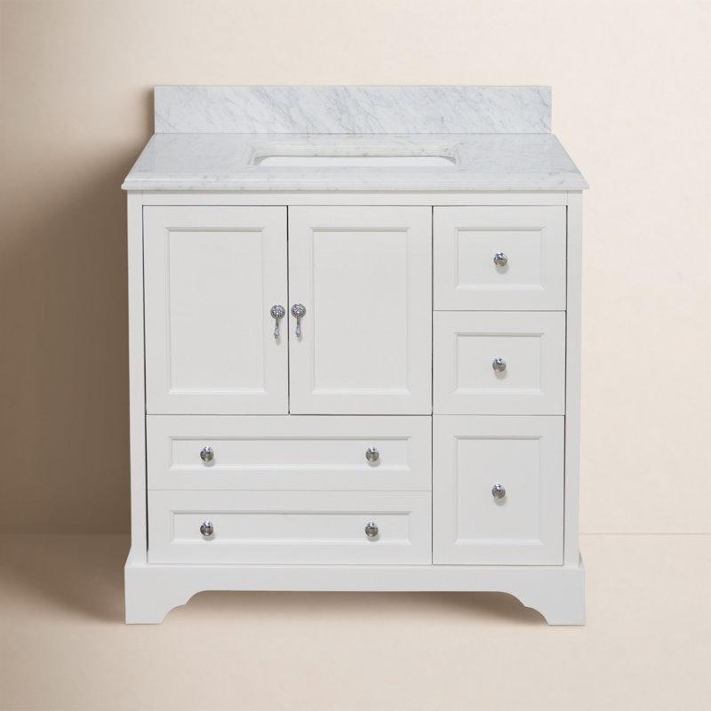 Beyaz Carrara Mermer Tezgahlı Masif Ahşap Çekmeceli Ayaklı Banyo Lavabo Dolabı - 91 cm - 200948