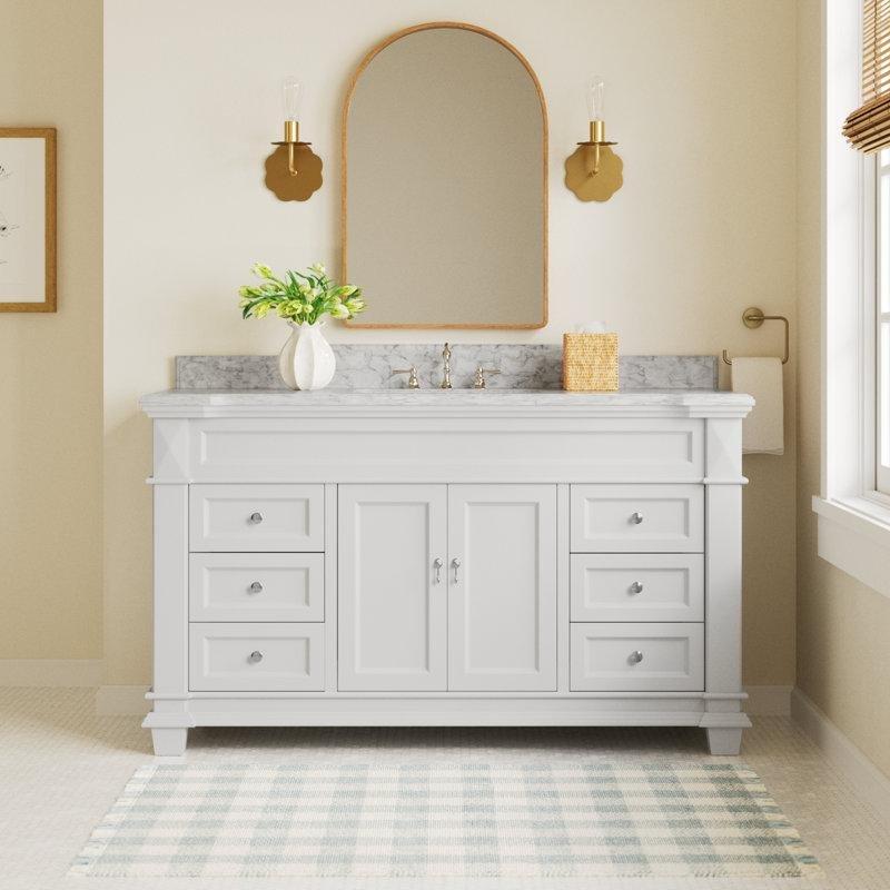 Beyaz Carrara Mermer Tezgahlı Masif Ahşap Çekmeceli Yavaş Kapanır Banyo Lavabo Dolabı - 153 cm - 200348