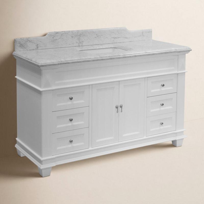 Beyaz Carrara Mermer Tezgahlı Masif Ahşap Çekmeceli Yavaş Kapanır Banyo Lavabo Dolabı - 153 cm - 200348