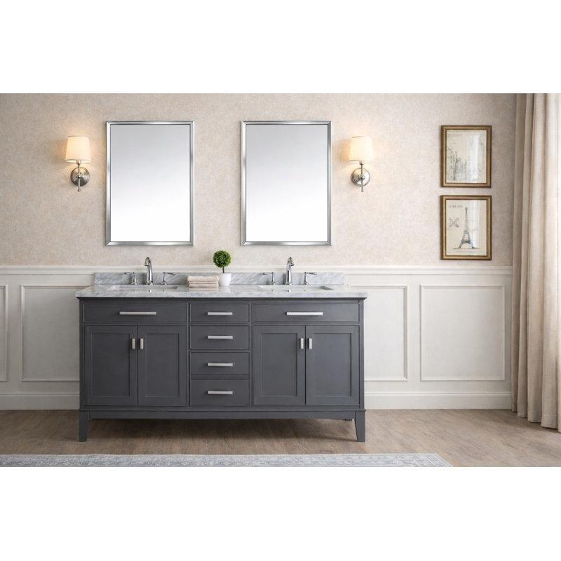 Beyaz Carrara Mermer Tezgahlı Masif Ahşap Çift Lavabolu Banyo Dolabı - 183 cm - 200126