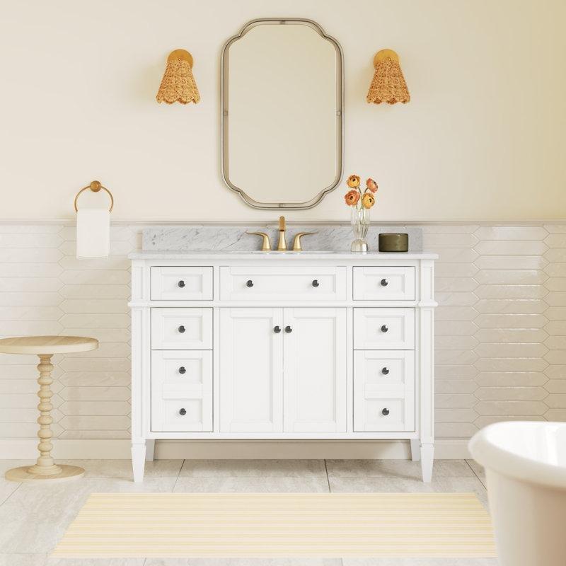 Beyaz Carrara Mermer Tezgahlı Masif Çam Ağacı El Yapımı Banyo Lavabo Dolabı - 122 cm - 198951