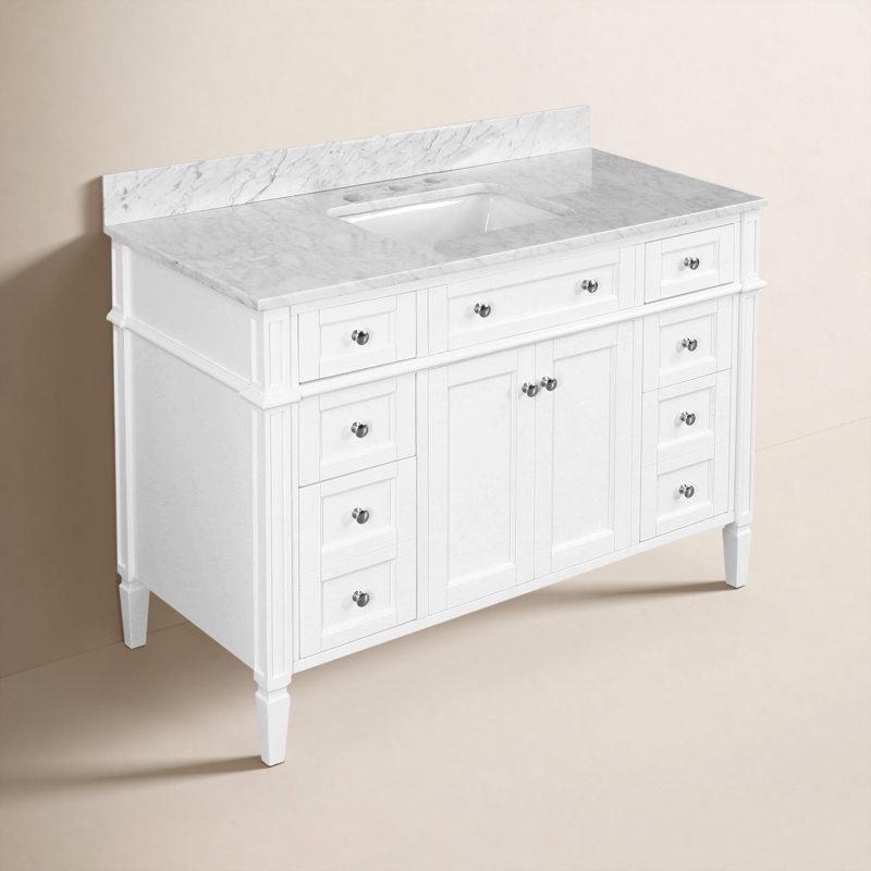 Beyaz Carrara Mermer Tezgahlı Masif Çam Ağacı El Yapımı Banyo Lavabo Dolabı - 122 cm - 198951