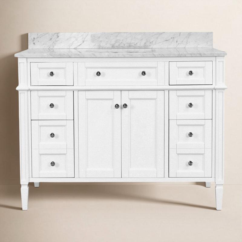 Beyaz Carrara Mermer Tezgahlı Masif Çam Ağacı El Yapımı Banyo Lavabo Dolabı - 122 cm - 198951