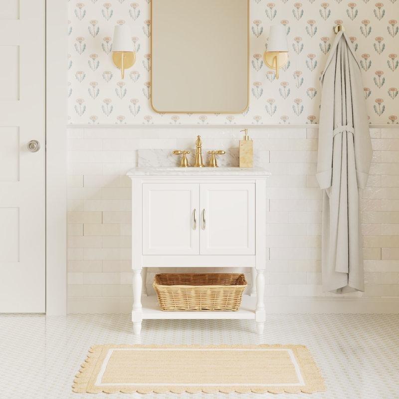 Beyaz Carrara Mermer Tezgahlı Masif Çam Ahşap Ayaklı Banyo Lavabo Dolabı - 77 cm - 199390