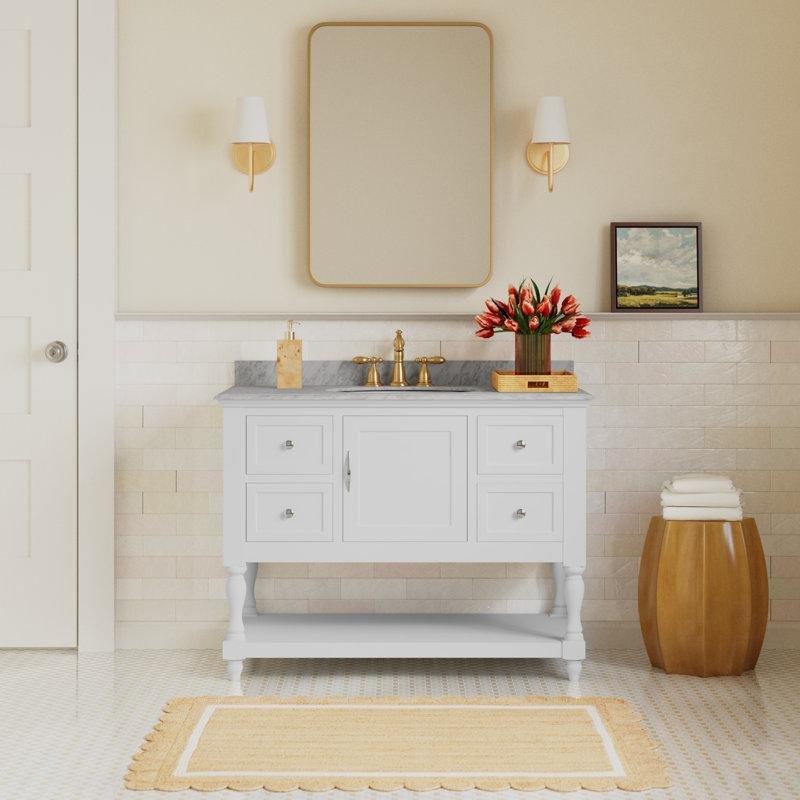 Beyaz Carrara Mermer Tezgahlı Masif Çam Ahşap Çekmeceli Ayaklı Banyo Lavabo Dolabı - 107 cm - 200547
