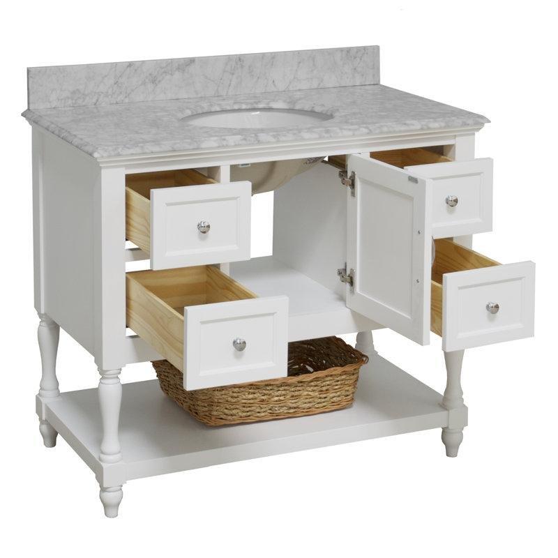 Beyaz Carrara Mermer Tezgahlı Masif Çam Ahşap Çekmeceli Ayaklı Banyo Lavabo Dolabı - 107 cm - 200547