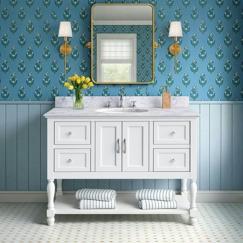 Beyaz Carrara Mermer Tezgahlı Masif Çam Ahşap Yavaş Kapanan 4 Çekmeceli Açık Raflı Banyo Lavabo Dolabı - 122 cm - 200739
