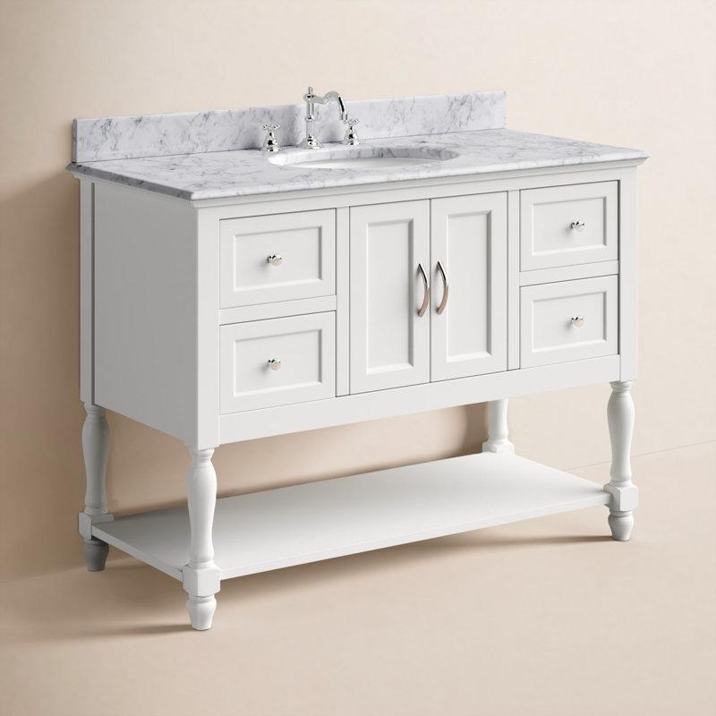 Beyaz Carrara Mermer Tezgahlı Masif Çam Ahşap Yavaş Kapanan 4 Çekmeceli Açık Raflı Banyo Lavabo Dolabı - 122 cm - 200739