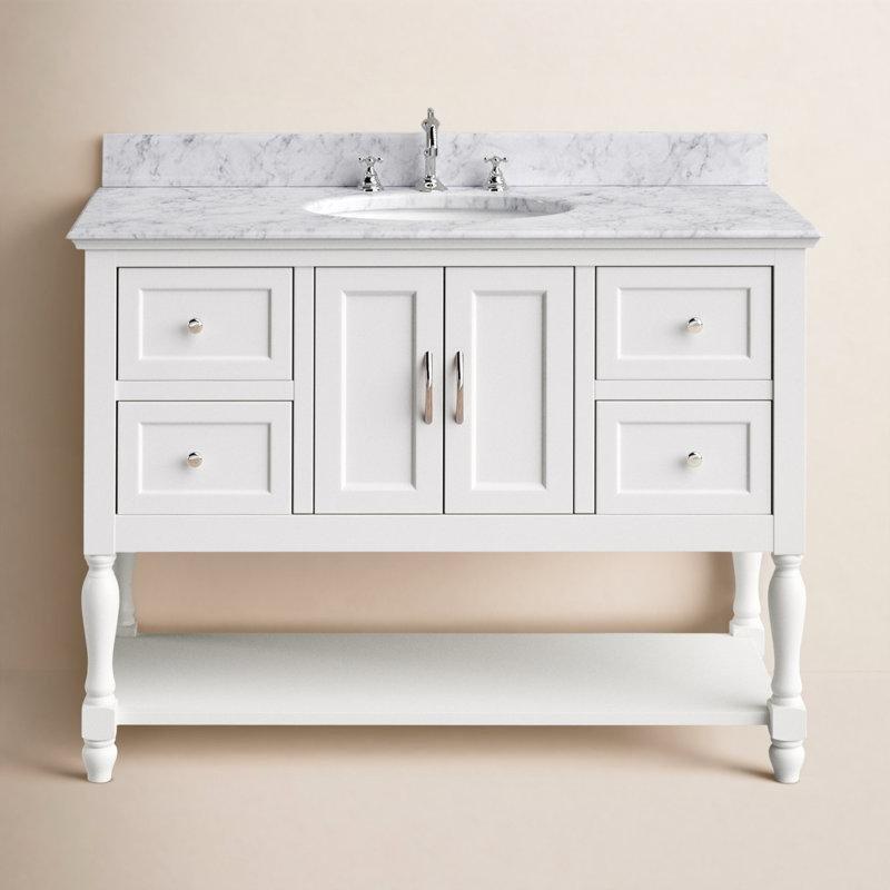 Beyaz Carrara Mermer Tezgahlı Masif Çam Ahşap Yavaş Kapanan 4 Çekmeceli Açık Raflı Banyo Lavabo Dolabı - 122 cm - 200739