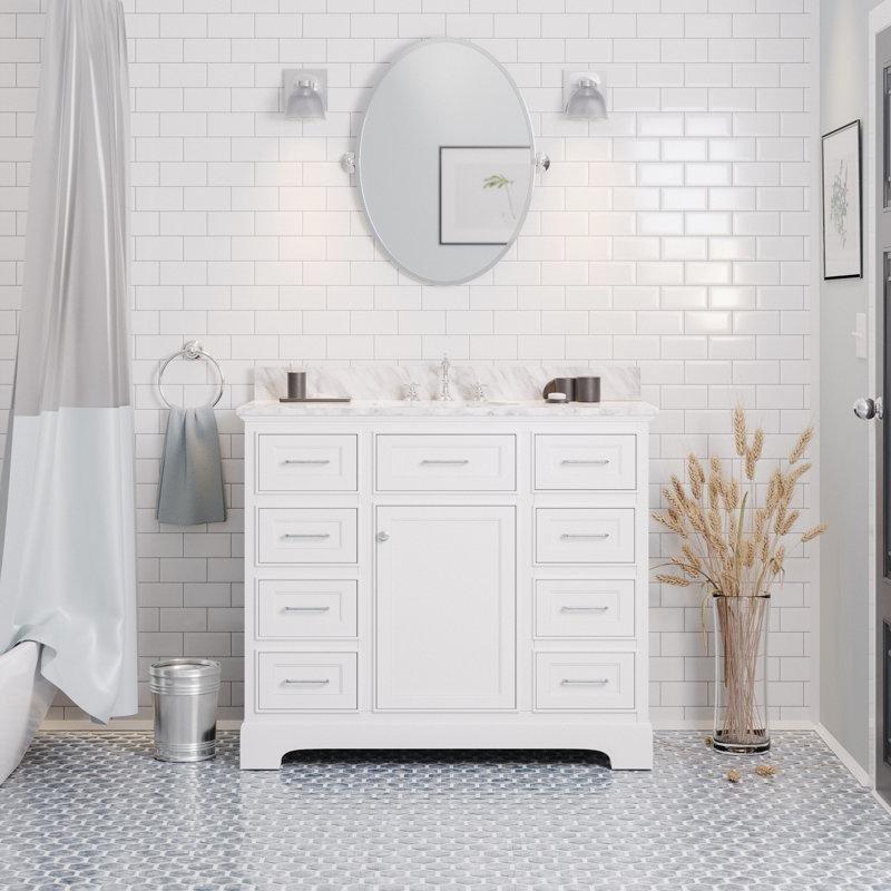 Beyaz Carrara Mermer Tezgahlı Masif Çam Yavaş Kapanır 8 Çekmeceli Ayaklı Banyo Lavabo Dolabı - 107 cm - 200937
