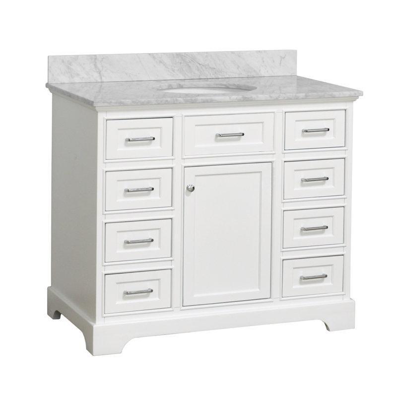 Beyaz Carrara Mermer Tezgahlı Masif Çam Yavaş Kapanır 8 Çekmeceli Ayaklı Banyo Lavabo Dolabı - 107 cm - 200937