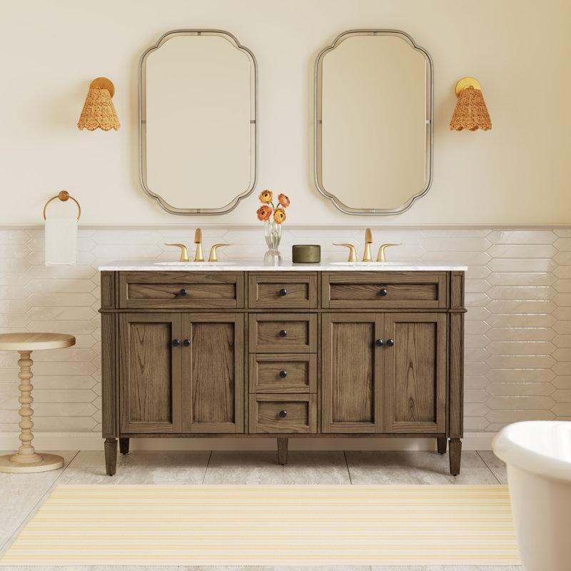 Beyaz Carrara Mermer Tezgahlı Masif Kauçuk Ağacı Çift Lavabolu Ayaklı Banyo Dolabı - 153 cm - 200029