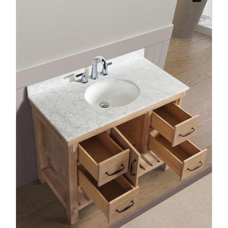 Beyaz Carrara Mermer Tezgahlı Masif Köknar Ağacı Çekmeceli Raflı Banyo Lavabo Dolabı - 107 cm - 202007