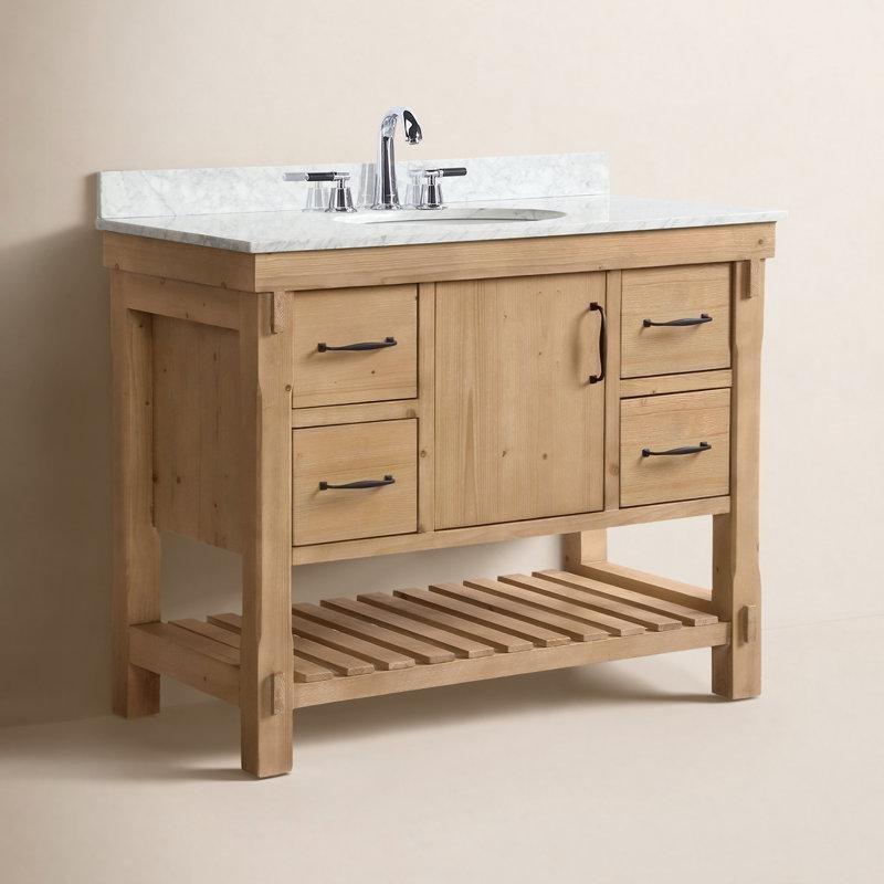 Beyaz Carrara Mermer Tezgahlı Masif Köknar Ağacı Çekmeceli Raflı Banyo Lavabo Dolabı - 107 cm - 202007