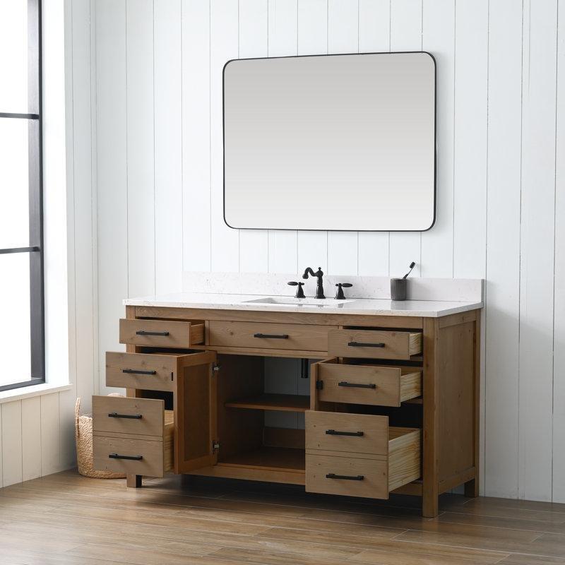Beyaz Carrara Tezgahlı Rustik Ahşap Yavaş Kapanır Çekmeceli Banyo Lavabo Dolabı - 153 cm - 201731