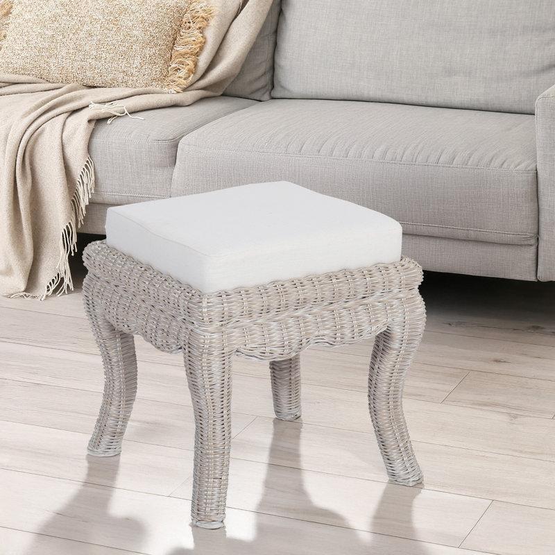 Beyaz Doğal Rattan El Örgüsü Mango Ağacı Döşemeli Makyaj Masası Pufu - 47x47 cm - 233569