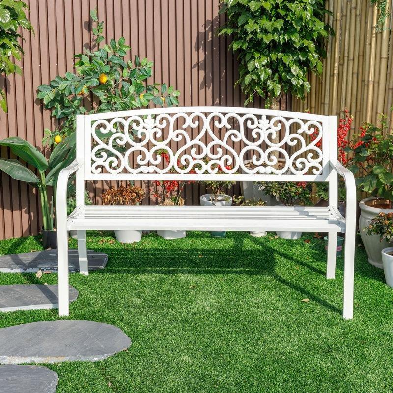 Beyaz Dökme Demir ve Çelik Kollu Bahçe Bankı - 127 cm - 172329