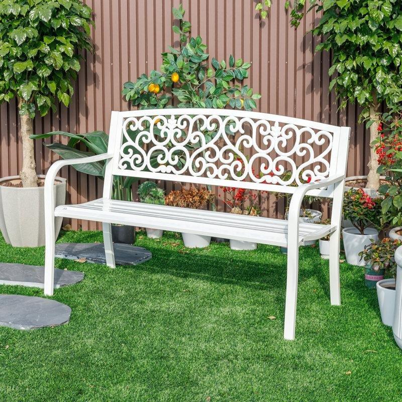 Beyaz Dökme Demir ve Çelik Kollu Bahçe Bankı - 127 cm - 172329