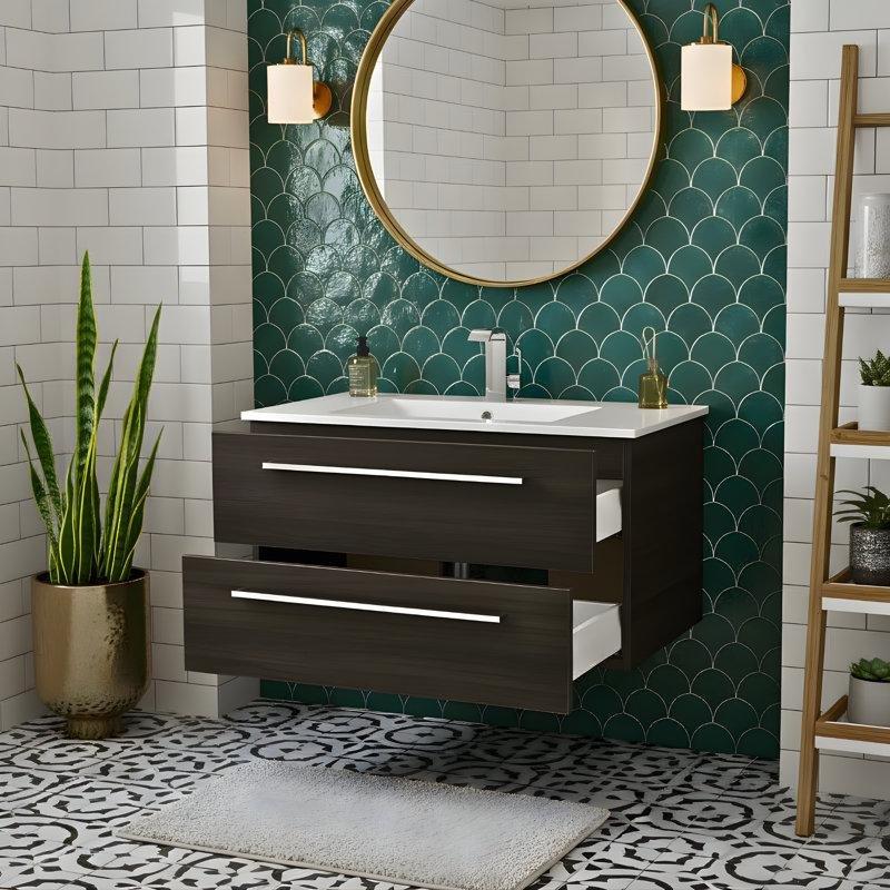 Beyaz Dökme Mermer Tezgahlı Yavaş Kapanır Çekmeceli Duvara Monte Banyo Lavabo Dolabı - 80 cm - 200985