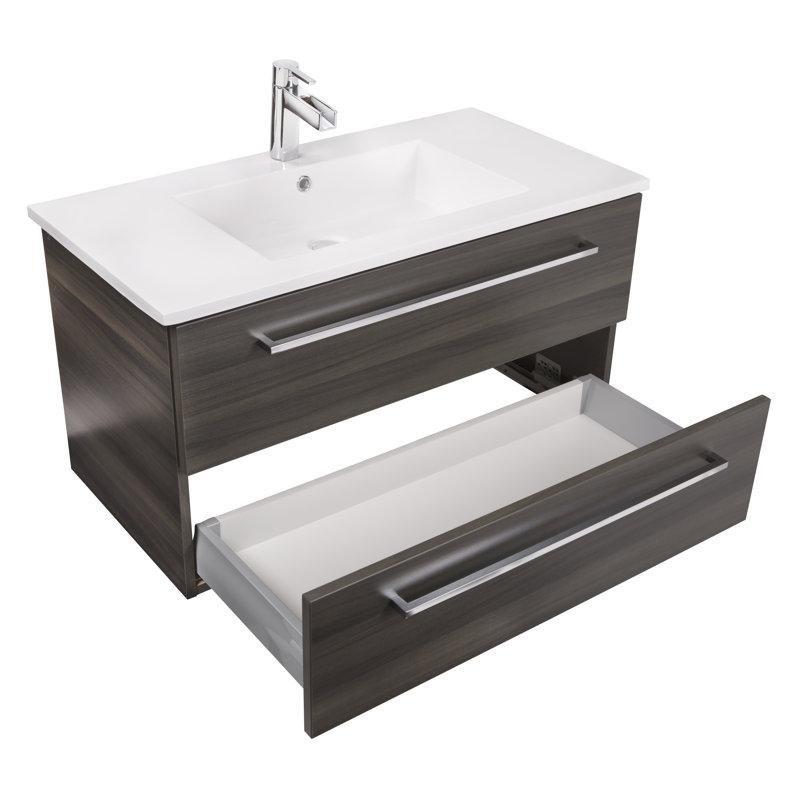 Beyaz Dökme Mermer Tezgahlı Yavaş Kapanır Çekmeceli Duvara Monte Banyo Lavabo Dolabı - 80 cm - 200985