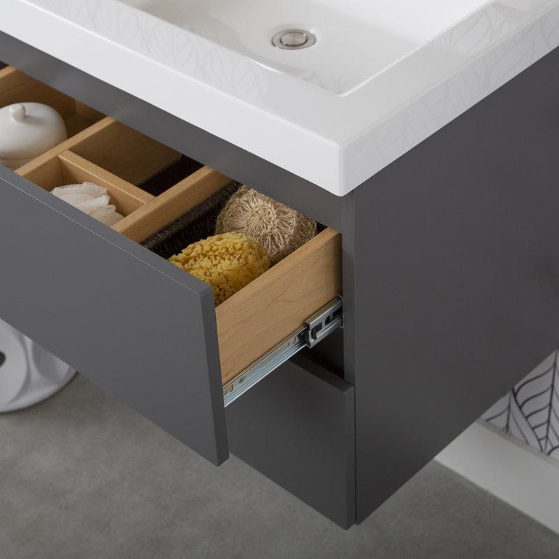 Beyaz Döküm Mermer Tezgahlı Duvara Monte Yavaş Kapanır Çekmeceli Banyo Lavabo Dolabı - 63 cm - 199573