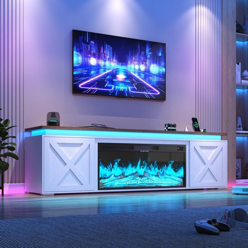 Beyaz Elektrikli Şömineli Ahır Kapılı LED Aydınlatmalı TV Ünitesi - 210 cm - 219852