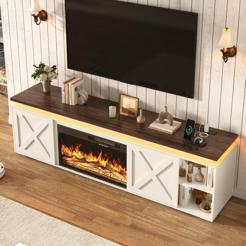 Beyaz Elektrikli Şömineli Ahır Kapılı LED Aydınlatmalı TV Ünitesi - 210 cm - 219852
