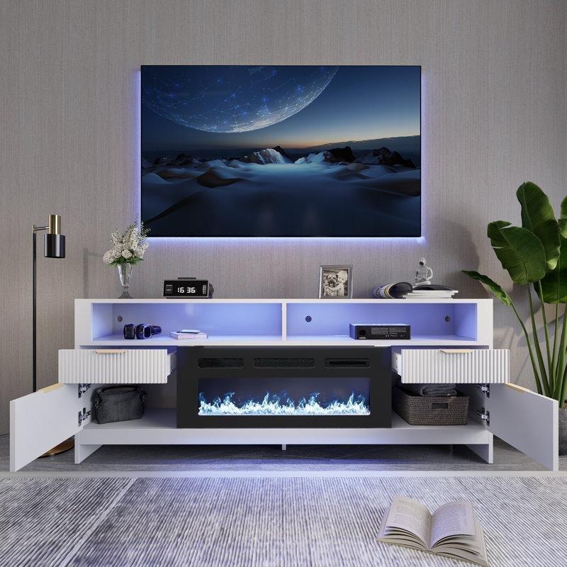 Beyaz Elektrikli Şömineli ve RGB LED Aydınlatmalı Çekmeceli TV Ünitesi - 179 cm - 221071