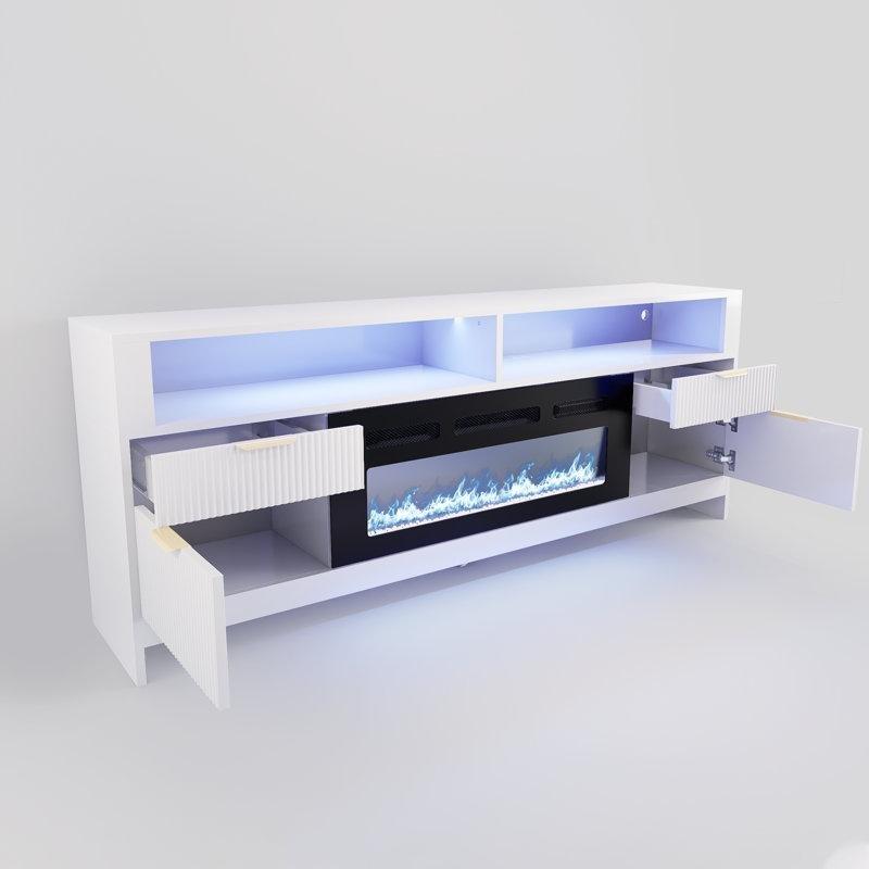 Beyaz Elektrikli Şömineli ve RGB LED Aydınlatmalı Çekmeceli TV Ünitesi - 179 cm - 221071