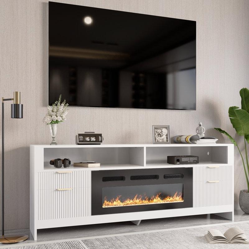 Beyaz Elektrikli Şömineli ve RGB LED Aydınlatmalı Çekmeceli TV Ünitesi - 179 cm - 221071