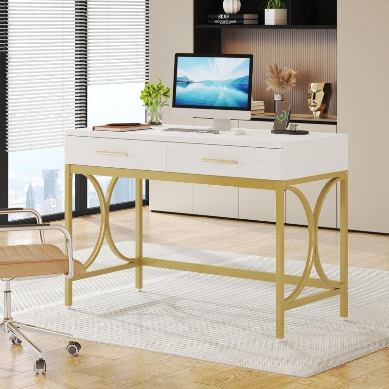 Beyaz Endüstriyel Ahşap 2 Çekmeceli Gold Çelik X Ayaklı Vintage Çalışma Masası - 105 cm - 234410