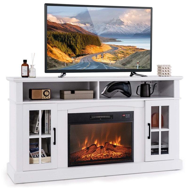 Beyaz Endüstriyel Ahşap Aynalı Elektrikli Şömineli Tv Ünitesi - 148 cm - 221167
