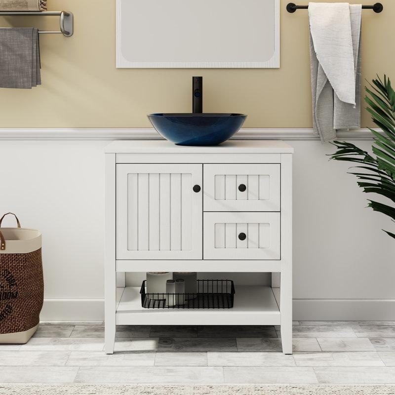 Beyaz Endüstriyel Ahşap Çekmeceli ve Raflı Çanak Lavabolu Banyo Dolabı Seti - 77 cm - 199247